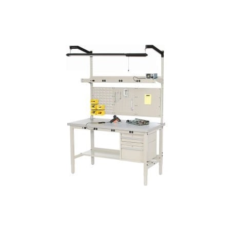 Global Equipment 72 x 24 Production Workbench - Power Apron, Plastic Laminate Square Edge Tan 249186BTN